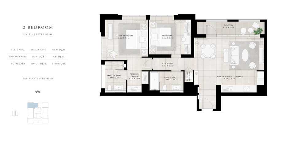 2-Bed, Unit-1,Level-03-06,Size-1184.24-sq.ft